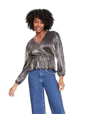 On 34th Plus Size 2X Gunmetal Pleated Faux Wrap Metallic Top NEW Peplum Chic